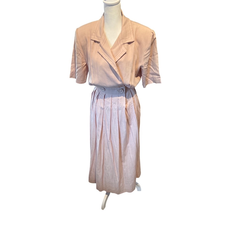 Cynthia Howie Linen Blend Midi Dress Pink Button Front Pleated Waist Size 8